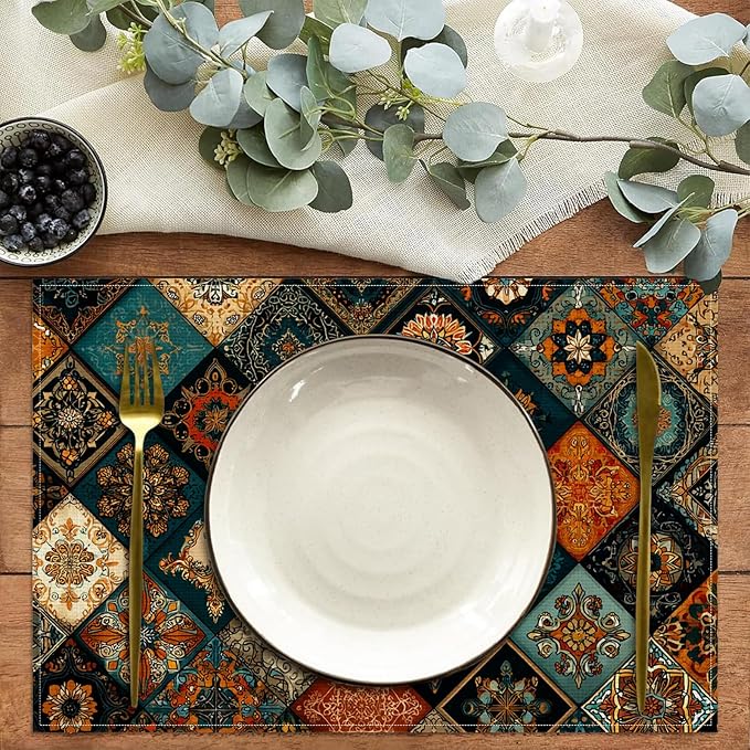 Colorful Bohemian Placemats Set of 6,12 x 18 Inch Table Mats Washable Heat Resistant Linen Fabric Rectangle Place Mat for Party Home Kitchen Dining