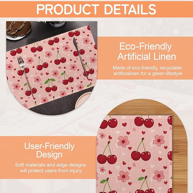Cherry Placemats Set of 6,Pink Flowers Washable Kitchen Dining Linen Table Mats for Home Party Dinner Indoor Outdoor 12x18Inch