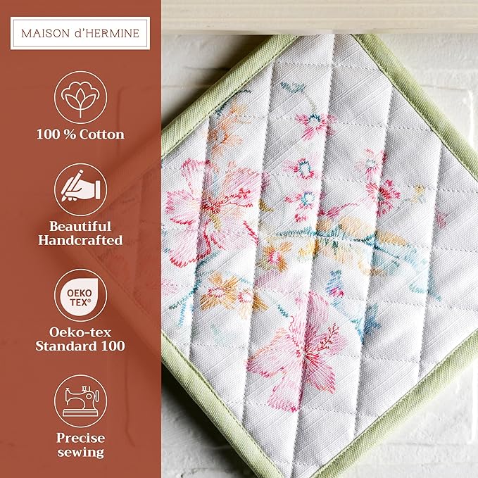 Maison d' Hermine Pot Holders 100% Cotton Heat Resistant Potholders 8" x 8" Hot Pads with Loop BBQ Cooking Baking Gifts for Mothers Day Handling Hot Pans Spring/Summer(Pack of 1, Paradise Island)