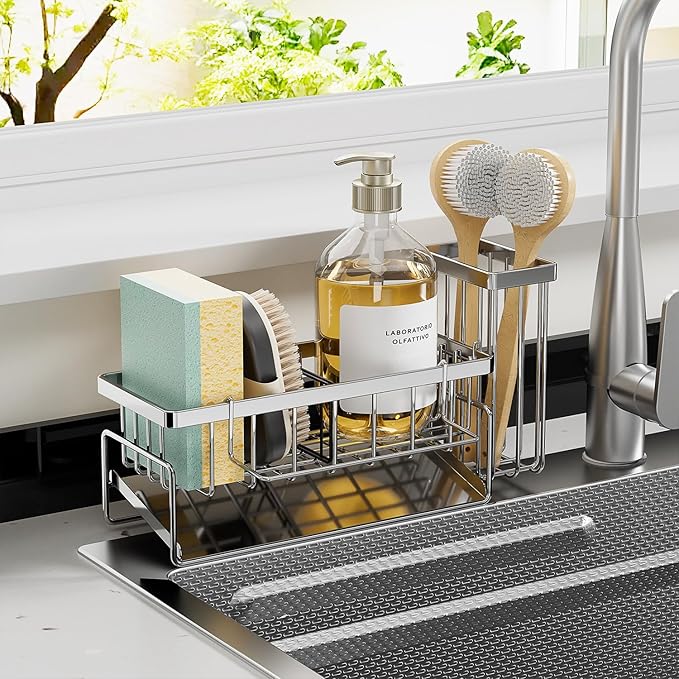 Sponge Holder & Sink Caddy Organizer - Rustproof Kitchen Sink Organizer High Brush Holder - Home Essentials Countertop Storage Organization (Silver)