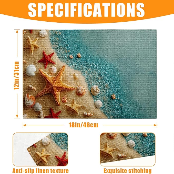 Beach Shell Starfish Blue Placemats Set of 6,12 x 18 Inch Table Mats Washable Heat Resistant Linen Fabric Rectangle Place Mat for Party Home Kitchen Dining