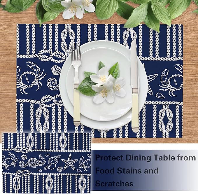 Navy Blue Nautical Placemats Set of 4, Coastal Ropes Starfish Crab Seahorse Sea Shell Conch Dining Place Mats Table Decor, Ocean Marine Life Lake Beach House Home Kitchen Decoration 12''x18''