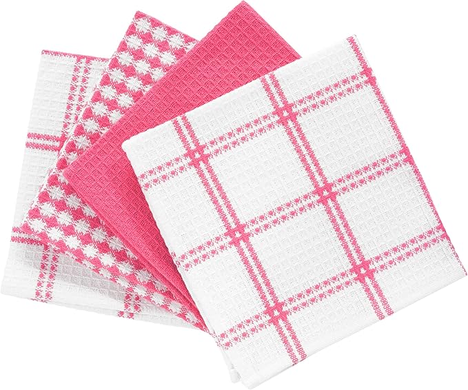 T-Fal Premium Waffle Dish Cloths: Highly Absorbent, Super Soft Long Lasting - 100% Cotton, 12"x13" Towel for Cleaning & Drying, (4-Pack), Pink