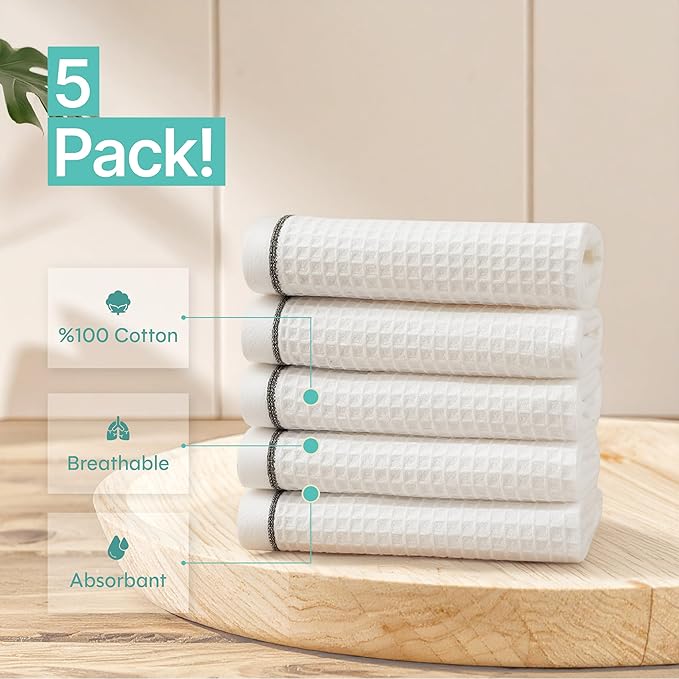 Kitchen Towels and Dishcloths Sets, 14 X 14 Inches, Absorbent Dish Towels for Kitchen, Microfiber Cleaning Cloth, Dish Cloths for Washing Dishes, Waffle Kitchen Towels (White, 14" x 14")