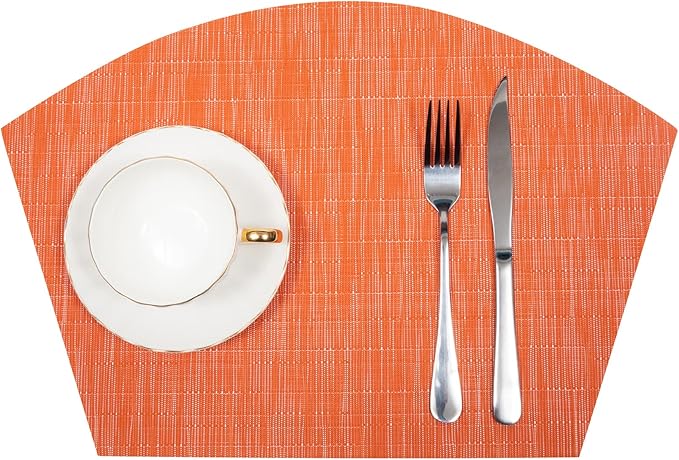 SHACOS Round Table Placemats Set of 4 Wedge Placemats Heat Resistant Woven Vinyl Table Mats for Round Table Wipe Clean (4, Orange)