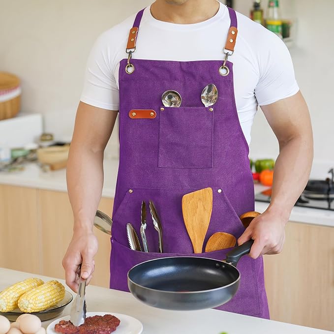 Aoomzoon Canvas Aprons for Men Chef Apron, Work Apron with Large Pockets - 16oz Heavy Duty Cross Back, BBQ, Cooking
