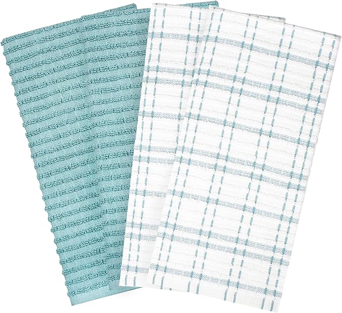 Ritz Royale Collection 100% Combed Terry Cotton, Highly Absorbent, Kitchen Towel Set, 13-3/4" x 12", 4-Pack, Solid & Checked, Dew