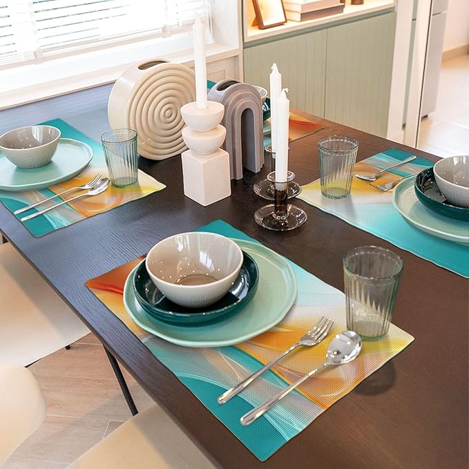 Teal and Orange Abstract Wave Linen Placemats Set of 4, 12 x 18 Inch Washable Non-Slip Heat-Resistant Kitchen Table Mats for Dining Table Outdoor Holiday Wedding Party Farmhouse, Kitchen Home Decor