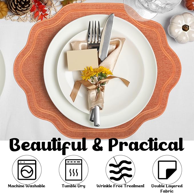 Breling 6 Pcs Wedding Placemats Scalloped Embroidered Cotton Linen Placemats 17" x 13" Double Layered Machine Washable Table Place Mat for Party Table Decor (Orange)