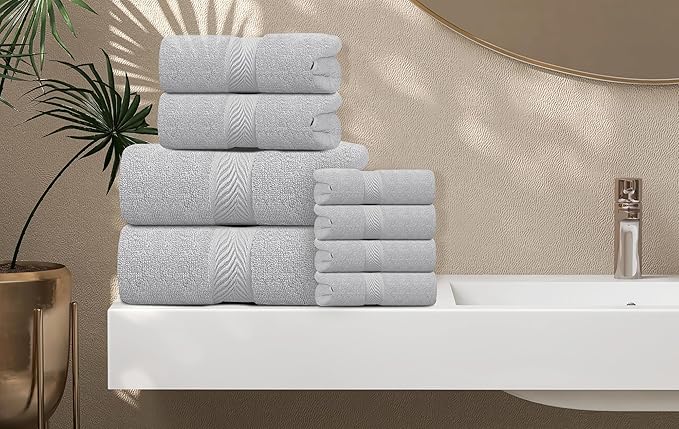 Oakias Premium Towel Set 600 GSM 8 Piece Silver - 100% Ring Spun Cotton Highly Absorbent Towels Set - Super Soft Bathroom Towel Set - Hotel Quality Double Stitched Hem - Ideal for Hotels, Spa, Gym