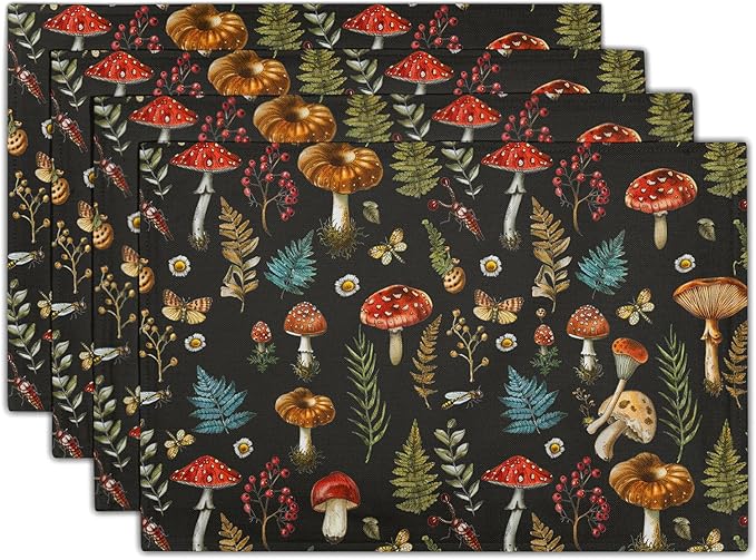 Watercolor Mushroom Placemats Fern Leaves Cotton Linen Place Mat Washable Table Mat for Party Dining