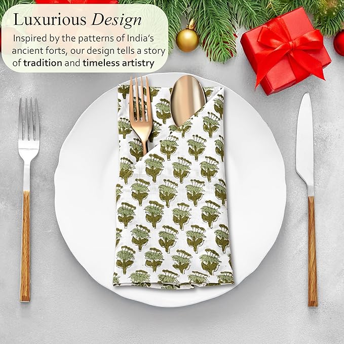 CPC Emerald Green Indian Block Print Cotton Cloth Napkins Set of 4, 18x18 Reusable Everyday Napkins, Soft, Absorbent, Floral Dinner Napkin, Holiday, Party Gift, Spring,Mother's Day