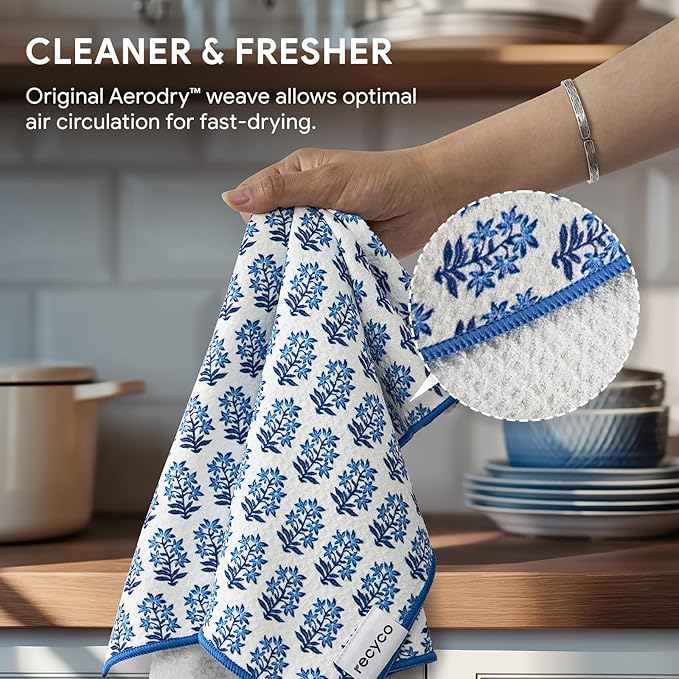 RECYCO Waffle Kitchen Towel Set of 2 - Quick Dry Microfiber Sustainable Dish Towels - Ultra Absorbent Reusable Cleaning Tea Towels - Lightweight Hand Towels,16”x 28”, Porcelain Blue