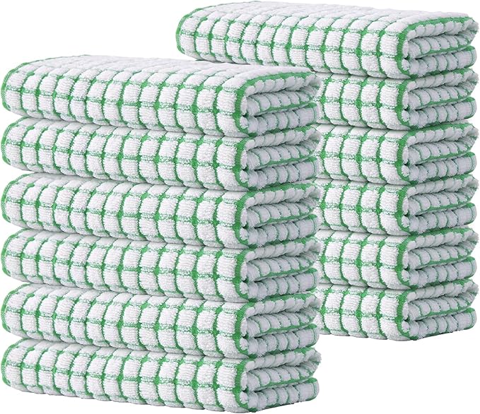 Kitinjoy Cotton 12 Pack Terry Kitchen Towels, 16 x 25 Inches Super Soft and Absorbent Dish Towels, Quick Drying Hand Towels for Kitchen Drying, Green