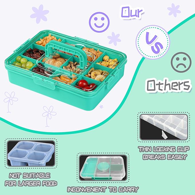 Xyptorix Snack Box Container for Kids - Adjustable 12-Compartment Snack Containers, Reusable Bento Box, Dishwasher Safe, BPA-Free, Perfect for School, Travel, Camping & Picnic, Green, Large