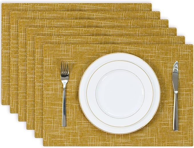 Kevin Textile Burlap Linen Placemats Set of 6 Heat Resistant Dining Table Place Mats Washable Kitchen Table Mats for Dinning Party Holiday Indoor Outdoor, 13 x19 inches, Honey Yellow
