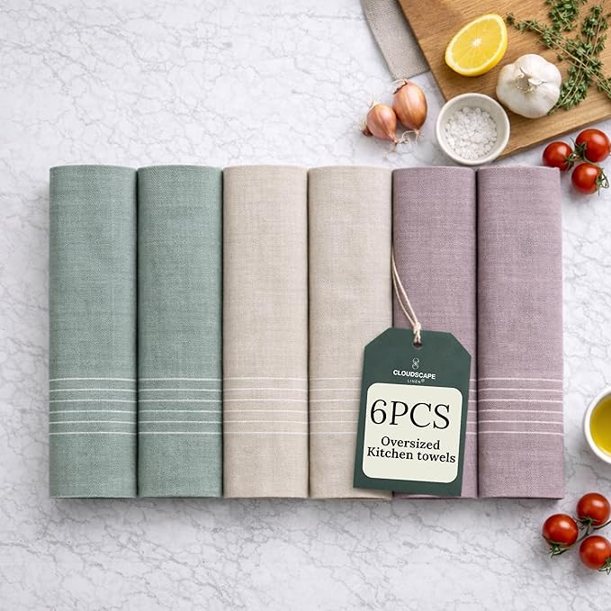 CLOUDSCAPE Kitchen Towels - 6 Pack: Quick-Drying Dish Towel for Kitchen Accessories, 18”x28” Cotton Blended Ribbed Hand Towel with Hanging Loop -Highly Absorbent, Dish Cloths for Washing Dishes -BOR