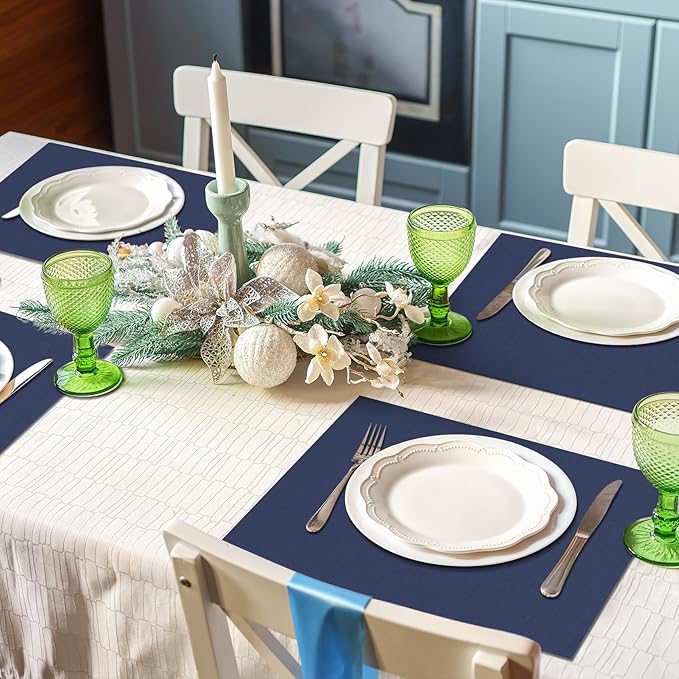 MANSPHIL Navy Blue Cloth Placemats Set of 4 Cotton Washable Thick Faux Linen Table Place Mats Heat Resistant Double Layer Fabric Wrinkle Free Dining Kitchen Table Decor - 13x19 Inch Oeko Tex Placemat