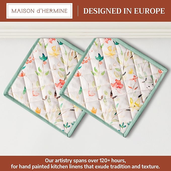 Maison d' Hermine Pot Holders 100% Cotton Heat Resistant Potholders 8" x 8" Hot Pads with Loop BBQ Cooking Baking Gifts for Mothers Day Handling Hot Pans Spring/Summer (Pack of 2, Colmar)