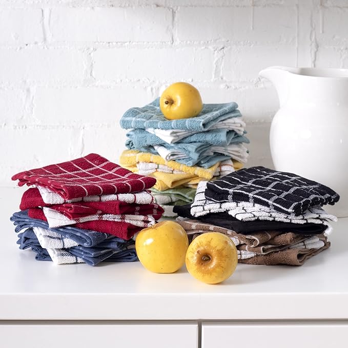 Ritz Premium 100% Cotton Terry Check Kitchen Dish Cloths - Highly Absorbent, Super Soft, Long-Lasting, 12"x12", 6-Pack, Black