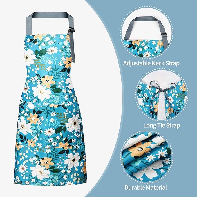 Floral Apron Women, 2 Pack Aprons for Women with Pockets, Waterproof Kitchen Apron Aprons for Cooking, Baking
