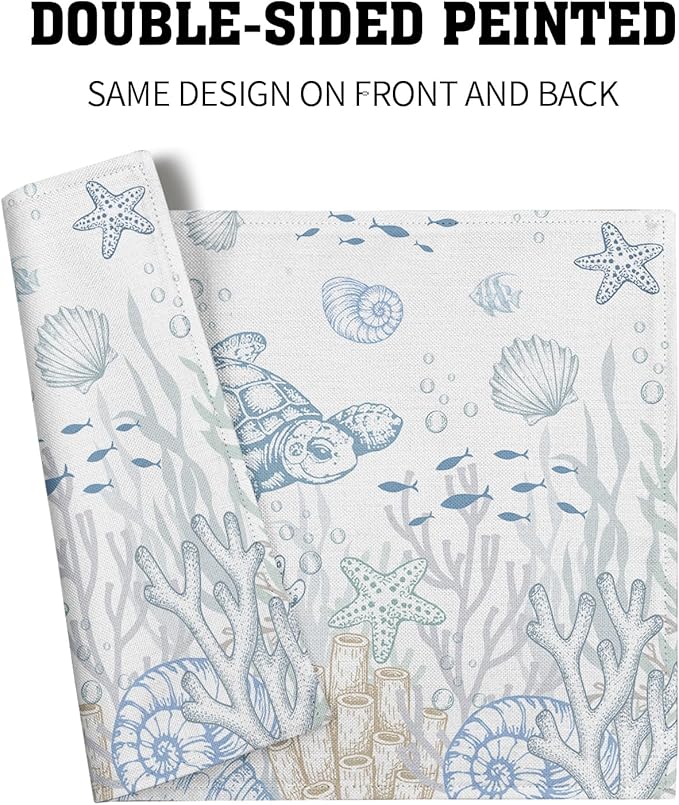 Giwawa Coastal Sea Turtle Placemats Set of 4, Ocean Life Nautical Tortoise Place Mat, Summer Starfish Seashell Beach Themed Washable Table Mats for Kitchen Dining Seasonal Party Decor, 12"x18"