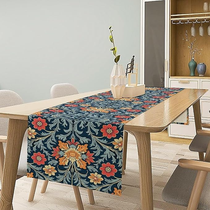 William Morris Table Runner Rural Farmhouse Vintage Flower Art Printed Dinner Runner for Home Kitchen Dining Table Decor Fabric 1 Panel W13xL90in