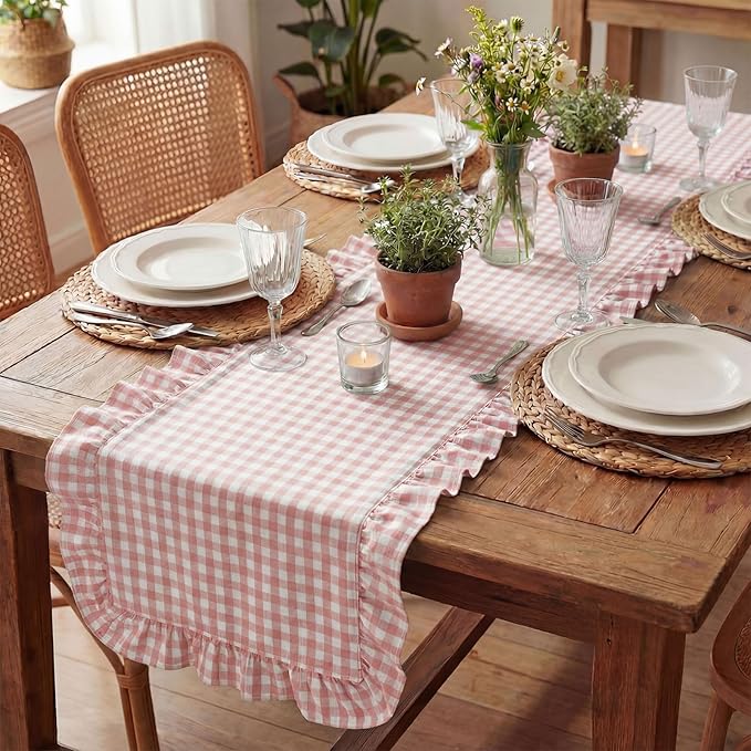 HunnmingRe 1 Pcs Light Pink Plaid Gingham Ruffle Table Runner 72 x 13.8'' Farmhouse Easter Table Runner 100% Cotton Scalloped Long Dresser Scarves for Dining Room, Wedding, Kitchen Rustic Home Decor