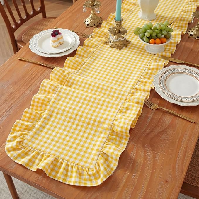 HunnmingRe 1 Pcs Yellow Plaid Gingham Ruffle Table Runner 72 x 13.8'' Farmhouse Easter Table Runner 100% Cotton Scalloped Long Dresser Scarves for Dining Room, Wedding, Kitchen Rustic Home Decor