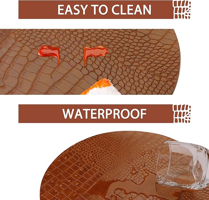 Round Leather Placemats for Round Tables Set of 4, Brown Table Place Mats and Coasters, Washable Easy to Care for Indoor Decor 13" Diameter