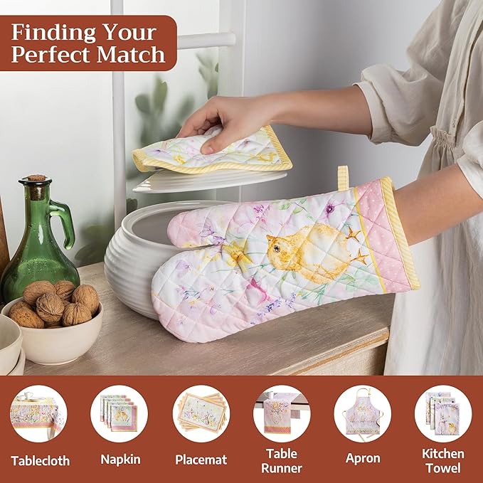 Maison d'Hermine Oven Gloves 100% Cotton Oven Mitt 7" x 13" with Loop Heat Resistant BBQ Cooking Gloves Baking Grilling Gifts for Mothers Day Spring/Summer (Pack of 1, Easter Zest)