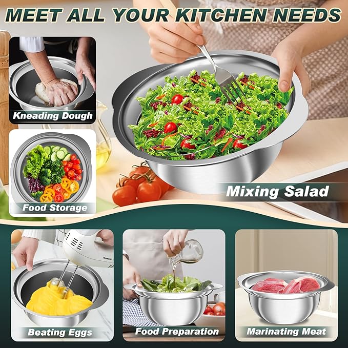 Stainless Steel Colanders with Mixing Bowl - 2.0QT & 2.0QT Strainer and Colander with Handle, 3.0QT Nesting Kitchen Bowl with Colander For Pasta, Vegetables, Fruit, Rice, 3PCS
