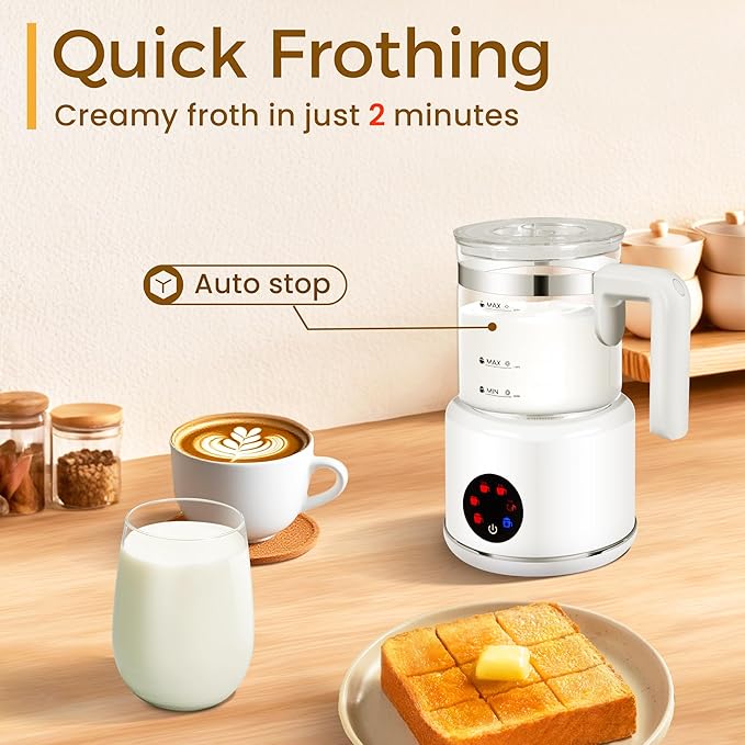 Milk Frother and Steamer, 6 in 1 Milk Steamer and Milk Warmer, 17oz Auto Shut Off Electric Frother with Touch Screen, Hot/Cold Foam Maker for Coffee, Latte, Cappuccino, Hot Chocolate,White