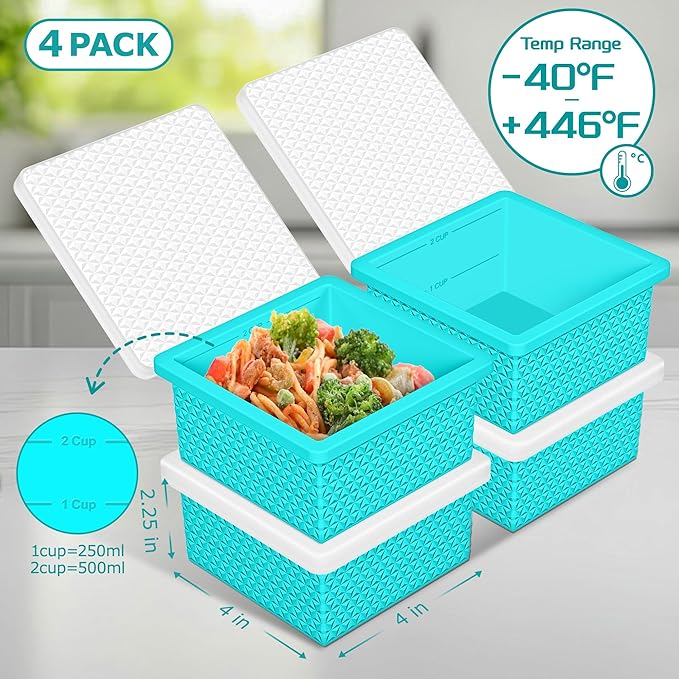 Silicone Freezer Molds for Soup Cube - 2-Cup Freezer Storage Container Tray with Lid,4 Pack Stackable Ice Cube Trays for Portion Control,Food Storage Meal Prep,Oven & Dishwasher Safe