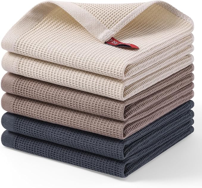 Homaxy 100% Cotton Waffle Weave Dish Cloths - 6 Pack Soft and Absorbent Dish Towels - 12 x 12 Inches Quick Dry Dish Rags - Beige/Dark Grey/Brown