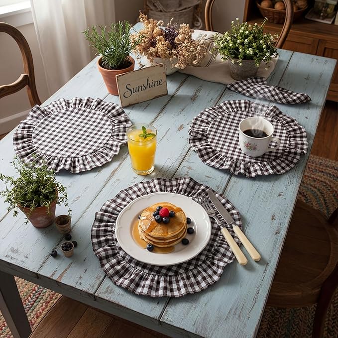 4 Pcs 15 Inch 100% Cotton Scalloped Round Placemats, Thin Brown Gingham Place Mats with Ruffle, Washable Placemats Table Mats for Kitchen Dining Holiday Gatherings Decor