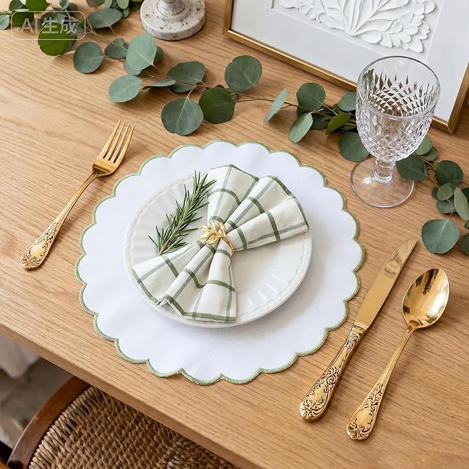 Set of 12 White Cotton Placemats 15 Inch Round Scalloped Embroidery Placemats Washable Double Layered Rustic Table Mat Fabric Napkins for Wedding Table Decor