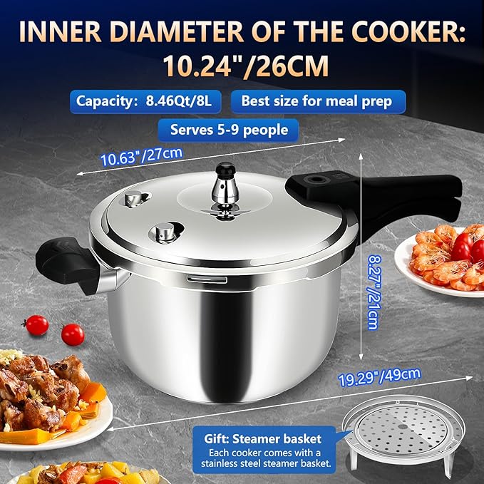 8QT Stainless Steel Pressure Cooker, Heavy Duty Food Grade 304 Pressure Canner with Safety Valve & Heat-Resistant Handle, Compatible with All Stovetops for Home Cooking & Canning