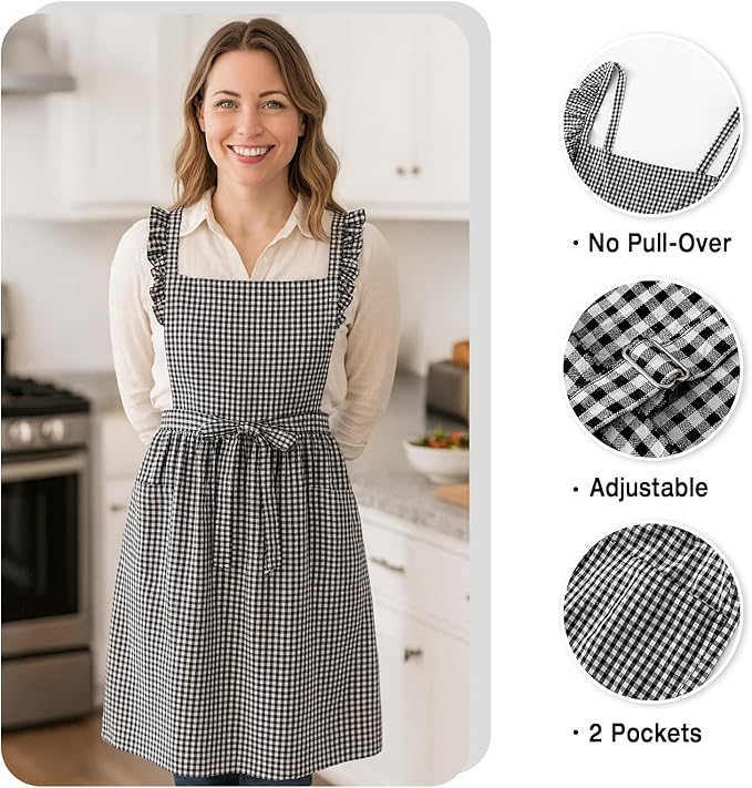Vintage Gingham Apron for Women, Ruffle Straps, 2 Pockets, Soft Cotton, Apron Dress Style for Cooking & Baking