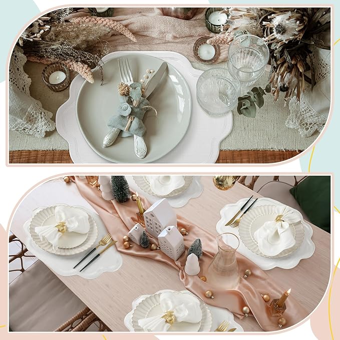 Breling 6 Pcs Wedding Placemats Scalloped Embroidered Cotton Linen Placemats 17" x 13" Double Layered Machine Washable Table Place Mat for Party Table Decor (White)