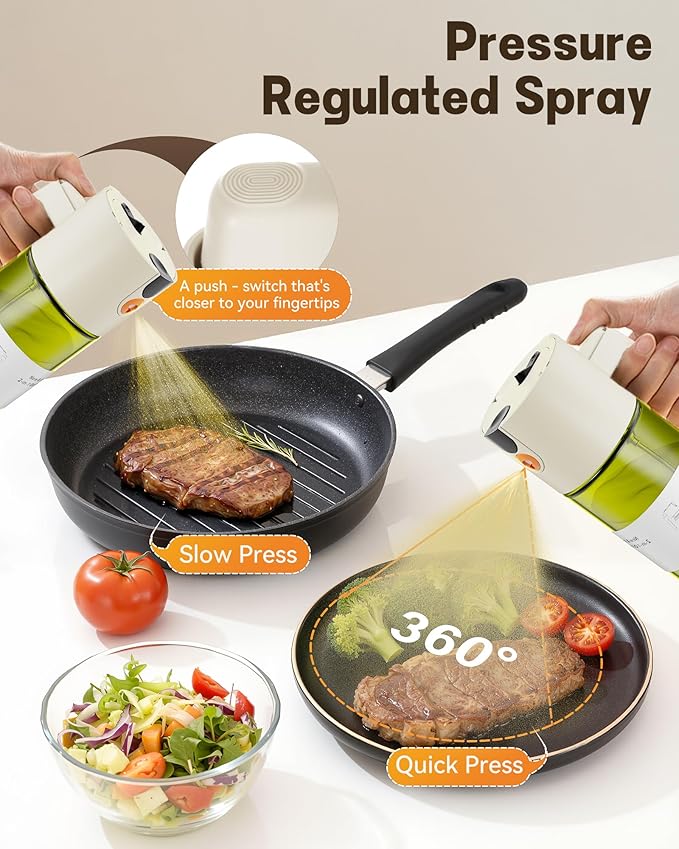 OURCABECUE Upgrade 2 in 1 Oil Sprayer for Cooking, 17oz Light-Blocking Glass Olive Oil Dispenser Bottle for Kitchen,Food-Grade Oil Mister with 8 Stickers for Salad, Frying (Green Bottle-White Gap)