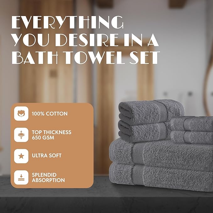 Gray Bath Towel Set of 6 - 100% Cotton Highly Absorbent Towels for Bathroom, 2 Luxury Bath Towels 650GSM, 2 Hand Towels, 2 Washcloths