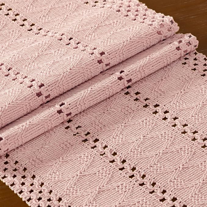 DeZerlor Boho Macrame Table Runner Spring Easter Farmhouse Woven Small Table Runner with Tassels 48 Inches Pink Cotton Linen Kitchen Table Decor for Dining Dresser Home Tea Table Decor