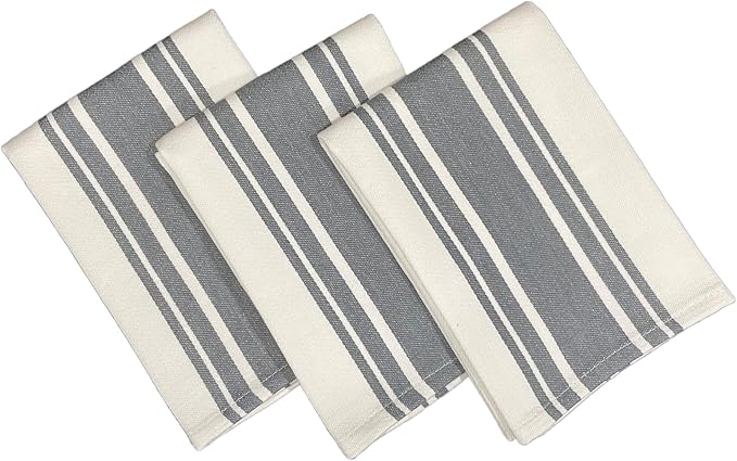 Kitchen Towels Set – Pack of 3 (20’’ x 30’’) Extra Large Premium Cotton Dish Towels for Kitchen – Super Striped Towels – Absorbent – 100% Cotton – with Hanging Loop – Dark Grey