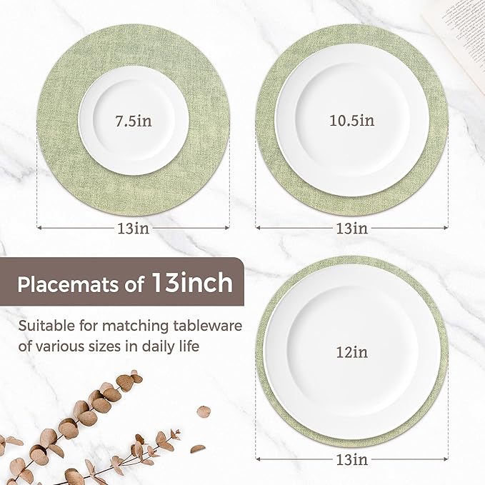 13" Round Placemats Set of 8, Reversible Faux Leather Heat Resistant Table Mats, Waterproof Oilproof Wipeable Table Protective Placemats for Vinyl, Washable for Indoor & Outdoor Use (8, Light Green)