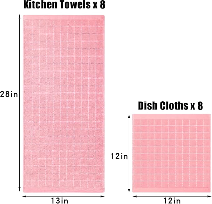 Homaxy Kitchen Towels and Dishcloths Set, 12 x 12 and 13 x 28 Inches, Set of 16 Bulk Cotton Terry Kitchen Towels Set, Checkered Designed, Soft and Super Absorbent Dish Cloths, Pink