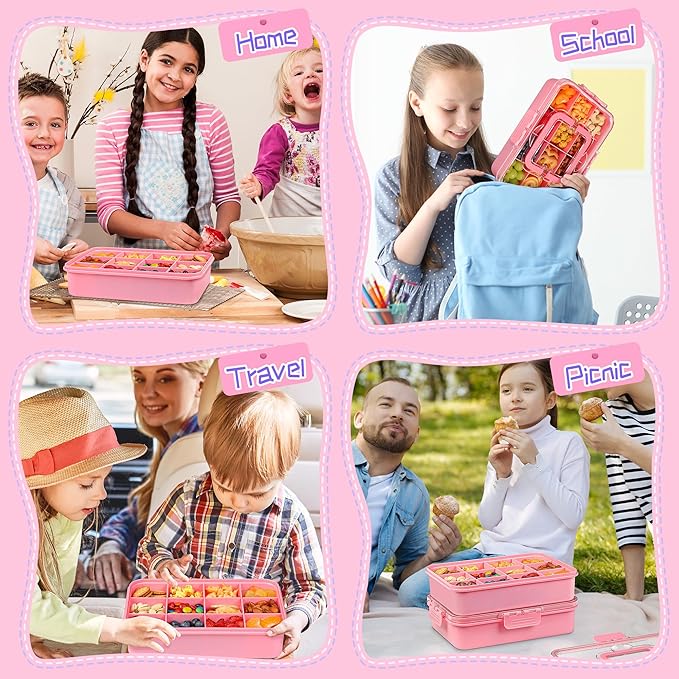 Xyptorix Snack Box Container for Kids - Adjustable 12-Compartment Snack Containers, Reusable Bento Box, Dishwasher Safe, BPA-Free, Perfect for School, Travel, Camping & Picnic, Pink