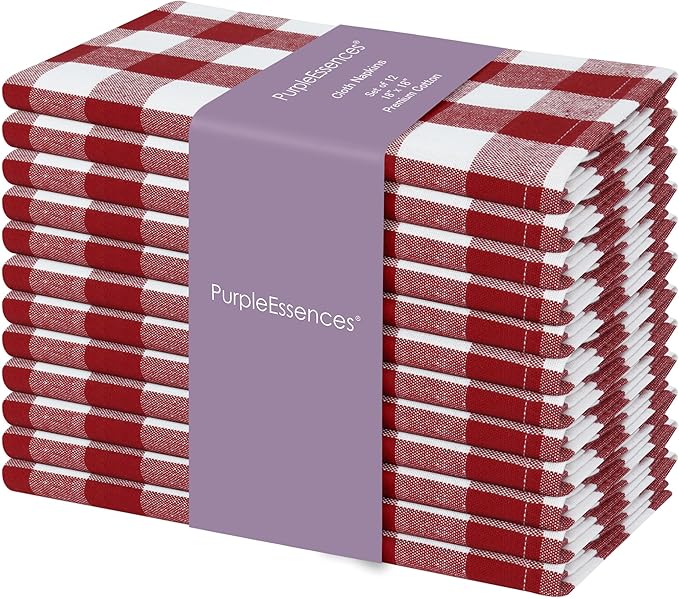 PurpleEssences Buffalo Plaid Cloth Napkins - Mitered Corners - Spring Easter Summer - Gingham Check Dinner Napkin - Set of 12-100% Cotton - 18x18 Inch - Reusable Washable - Red and White