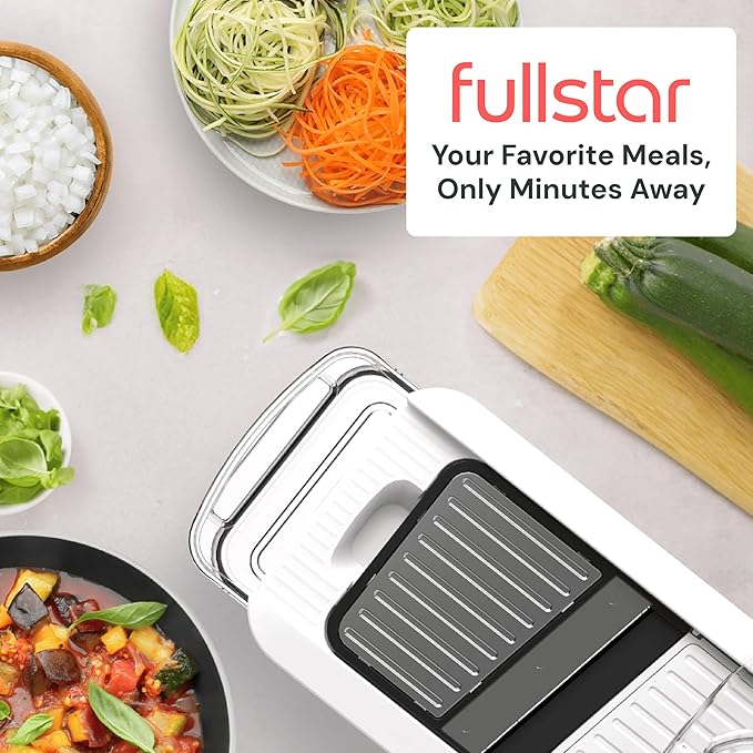 Fullstar All-in-1 Vegetable Chopper and Mandoline Slicer for Kitchen - Cheese Grater, French Fry Cutter, Cheese Slicer - Bonus Handheld Spiralizer Included (6 in 1, Stainless Steel)