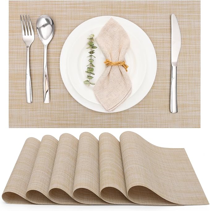 Myir JUN Placemats Set of 6, Vinyl Woven Placemats Place Mats Indoor Washable Table Mats Non-Slip Place mats for Dining Table (A-Beige, Set of 6)